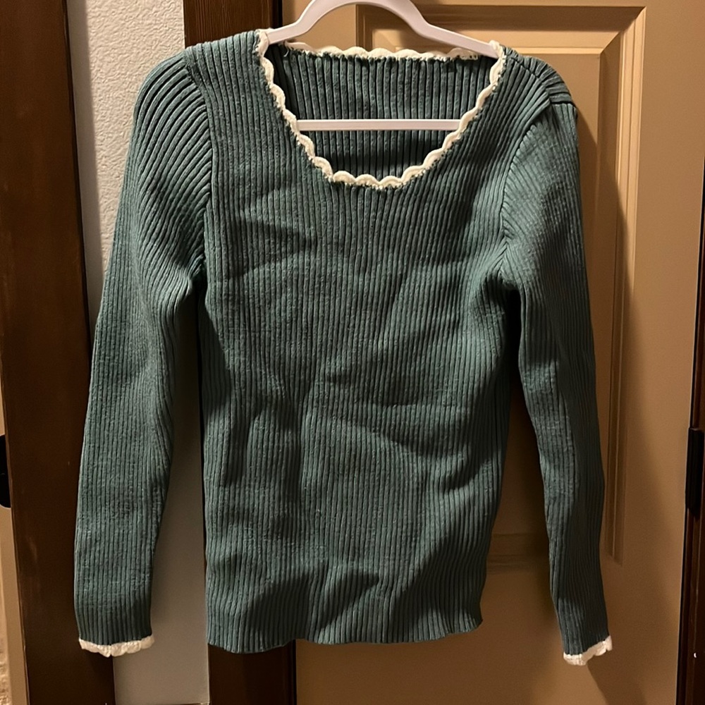 Long sleeve blue and white knit sweater.
